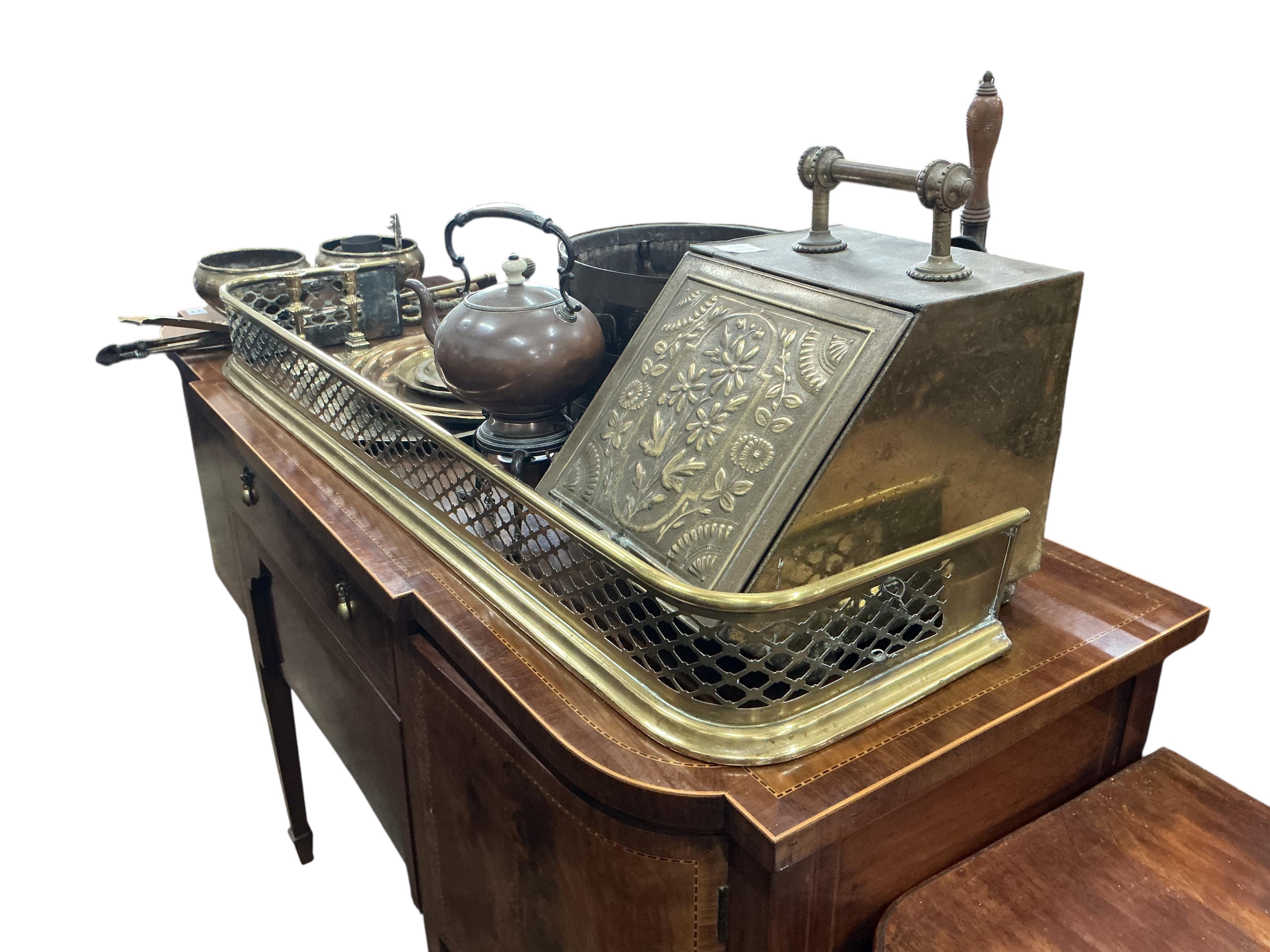 A 19th century brass bound hardwood grain measure, a Victorian embossed copper coal scuttle and a quantity of assorted metalware